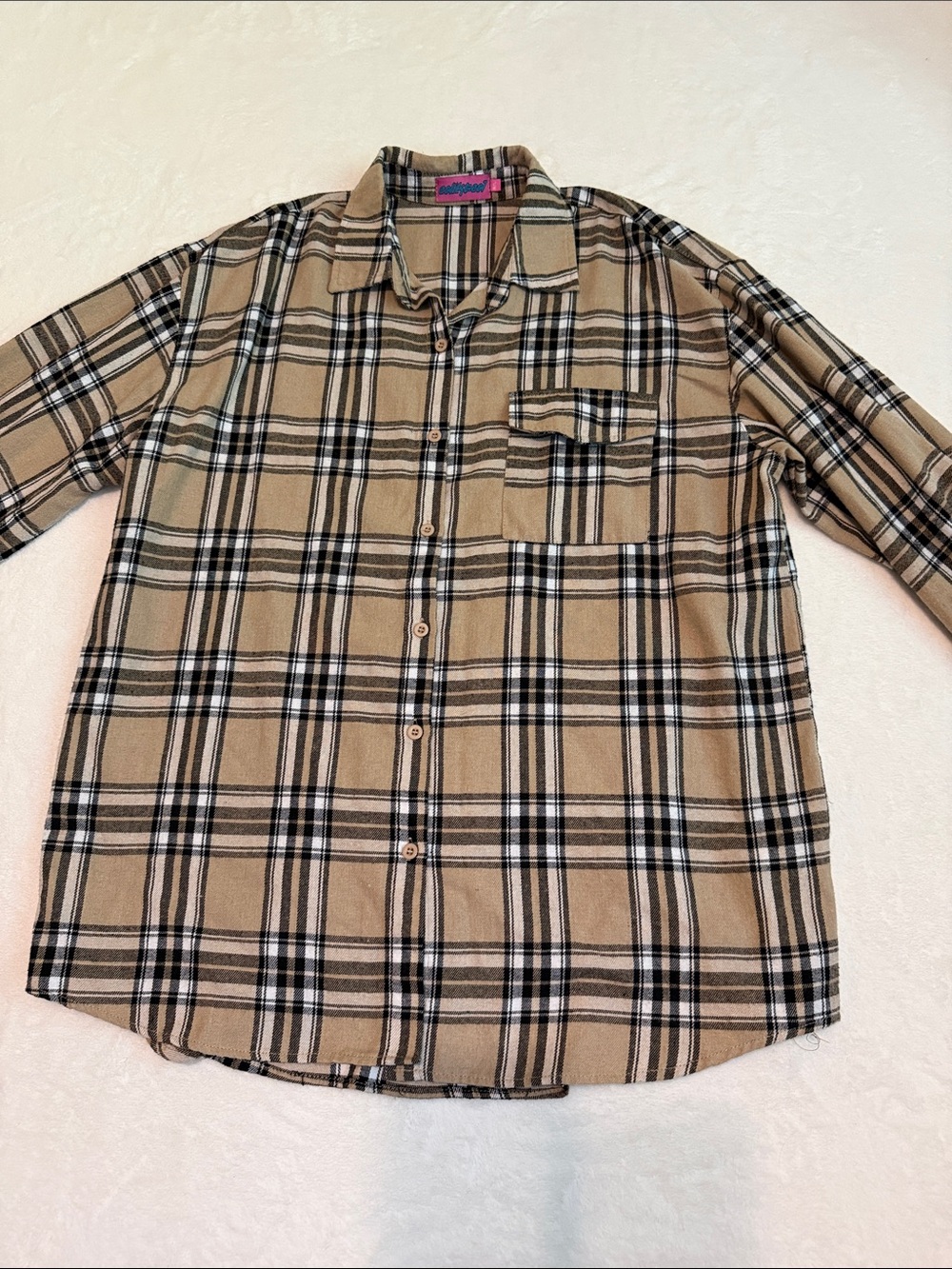 Edikted Tan Beige and Black Plaid Button-Down Shirt